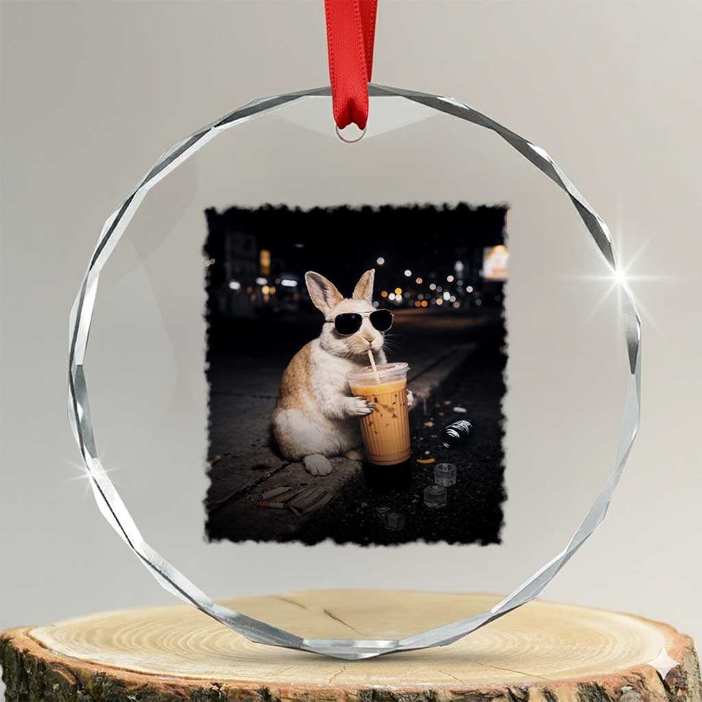 Funny Bunny Drinking Iced Coffee Crystal Glass Ornament Animal Meme Viral Internet