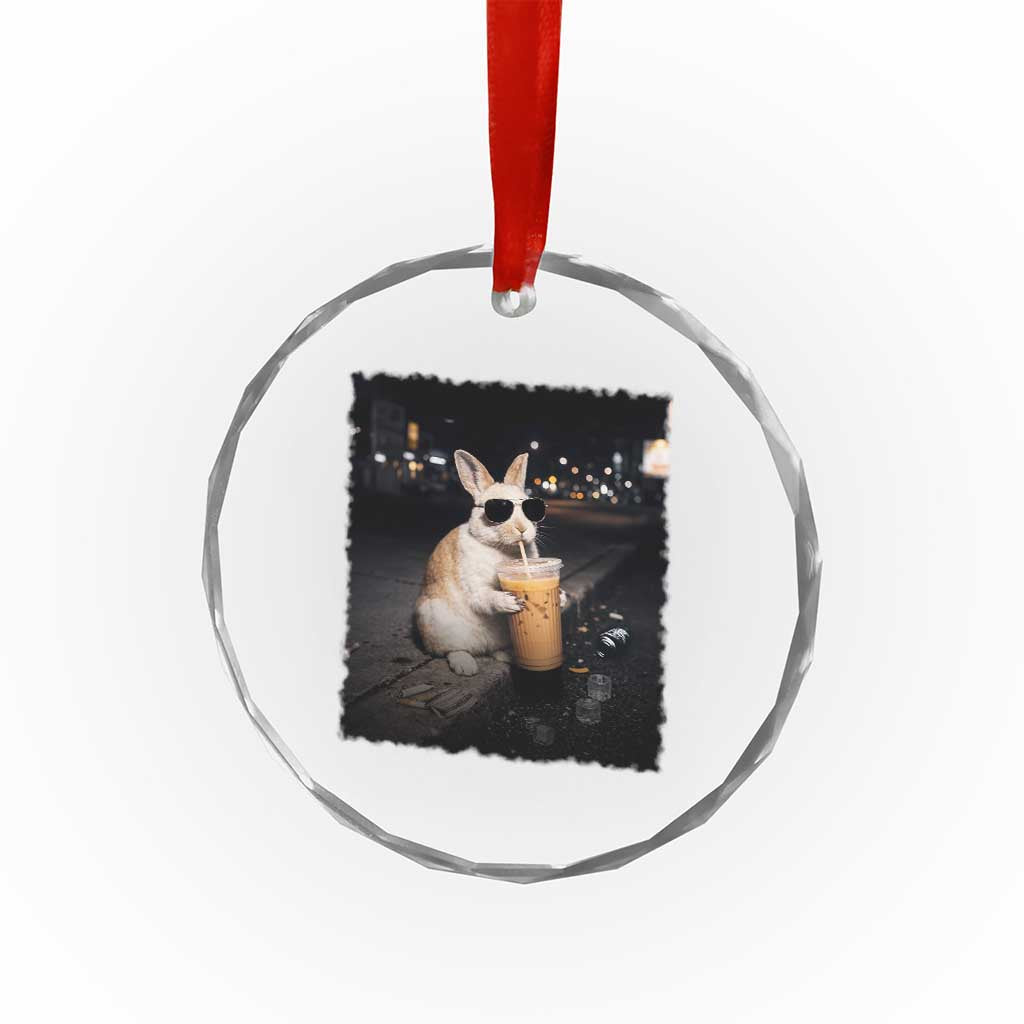 Funny Bunny Drinking Iced Coffee Crystal Glass Ornament Animal Meme Viral Internet