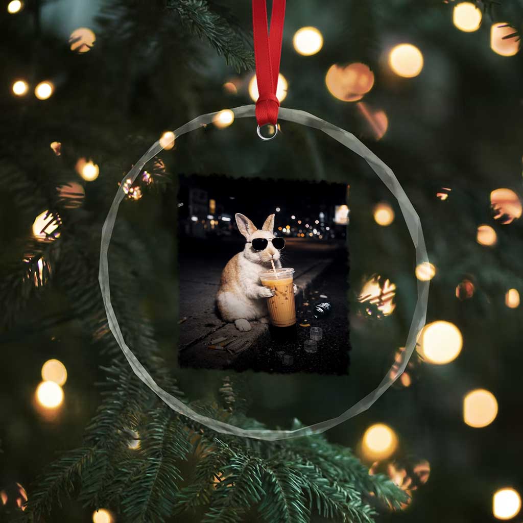Funny Bunny Drinking Iced Coffee Crystal Glass Ornament Animal Meme Viral Internet
