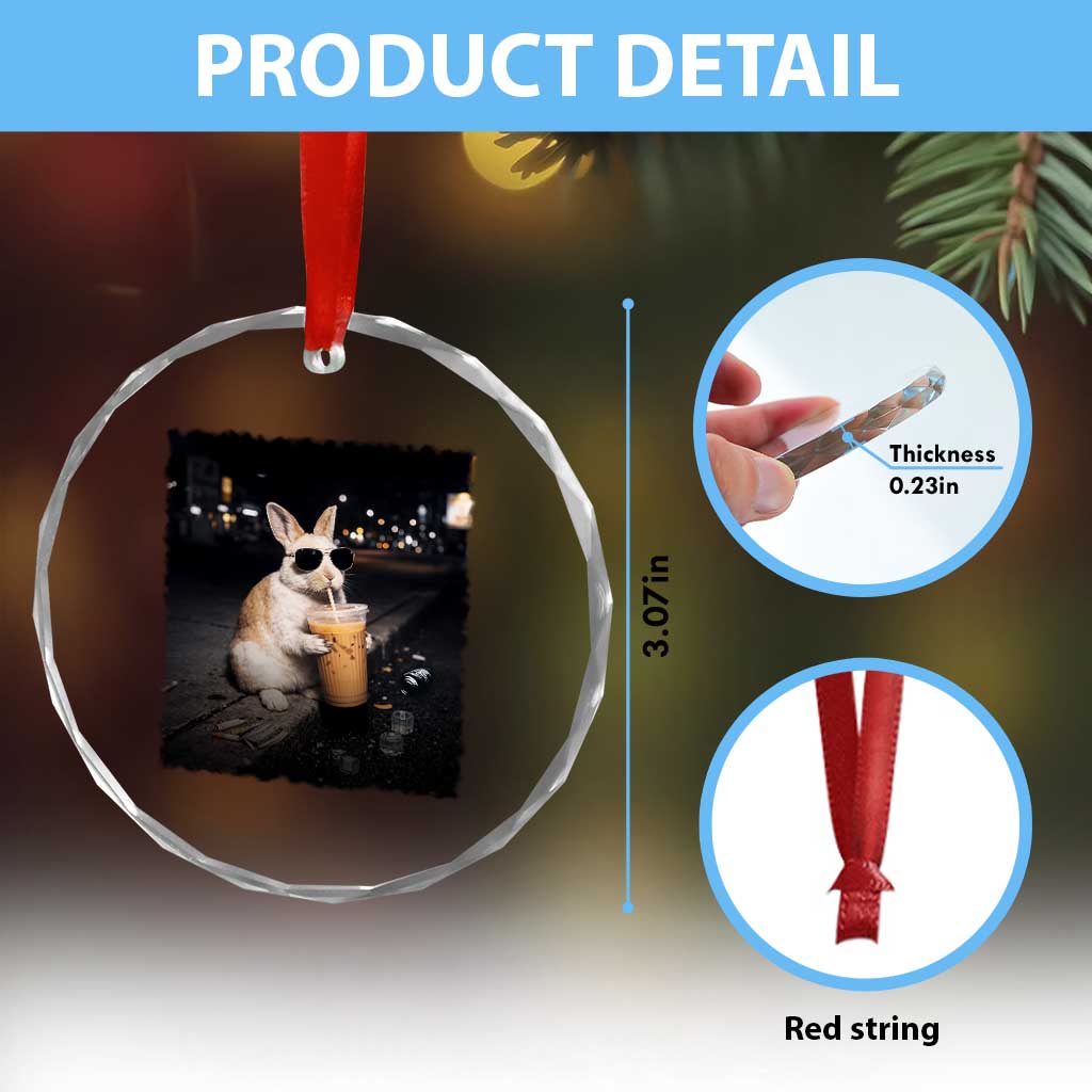 Funny Bunny Drinking Iced Coffee Crystal Glass Ornament Animal Meme Viral Internet