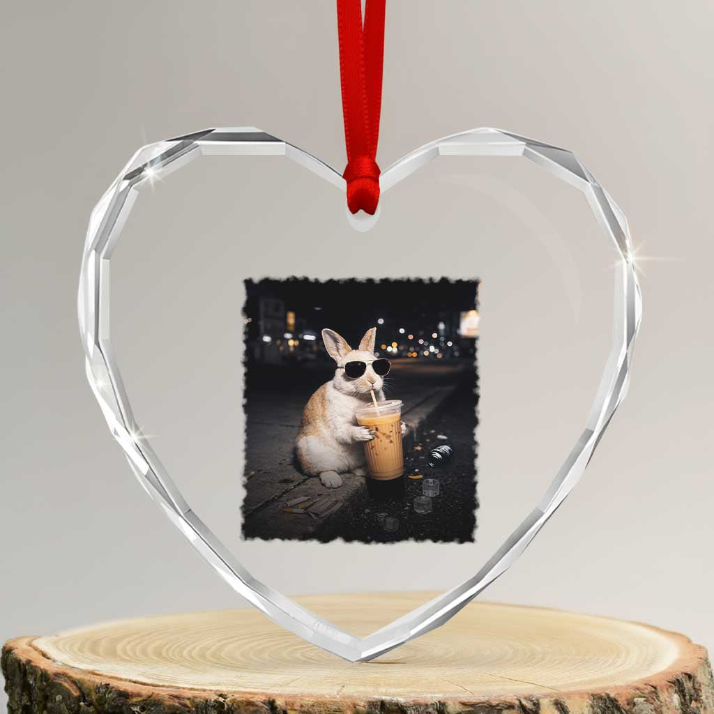 Funny Bunny Drinking Iced Coffee Heart Crystal Glass Ornament Animal Meme Viral Internet