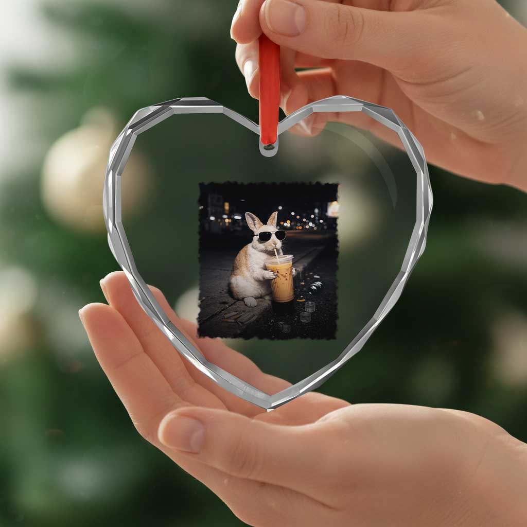 Funny Bunny Drinking Iced Coffee Heart Crystal Glass Ornament Animal Meme Viral Internet