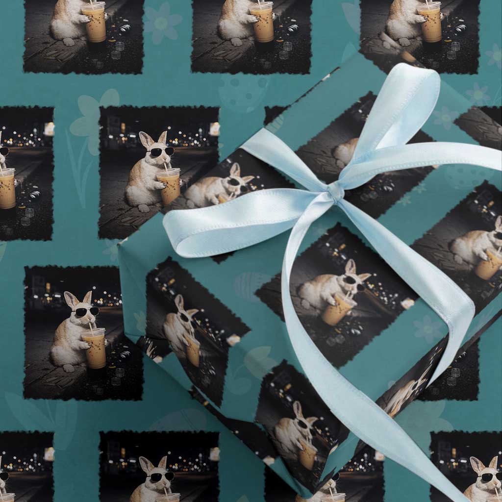 Funny Bunny Drinking Iced Coffee Wrapping Paper Roll Animal Meme Viral Internet