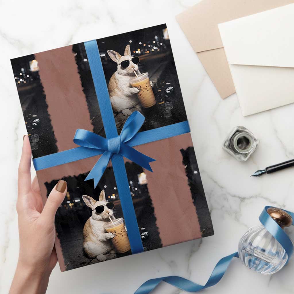 Funny Bunny Drinking Iced Coffee Wrapping Paper Roll Animal Meme Viral Internet
