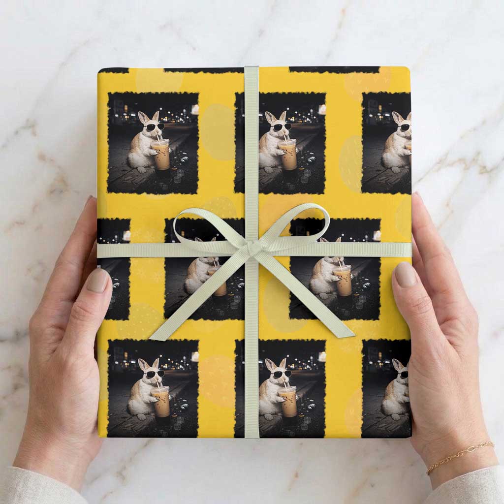Funny Bunny Drinking Iced Coffee Wrapping Paper Roll Animal Meme Viral Internet