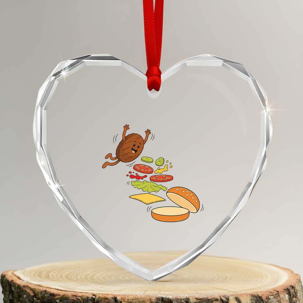 Funny Burger Ingredients Flying Into Bun Heart Crystal Glass Ornament Fast Food Lover Gift