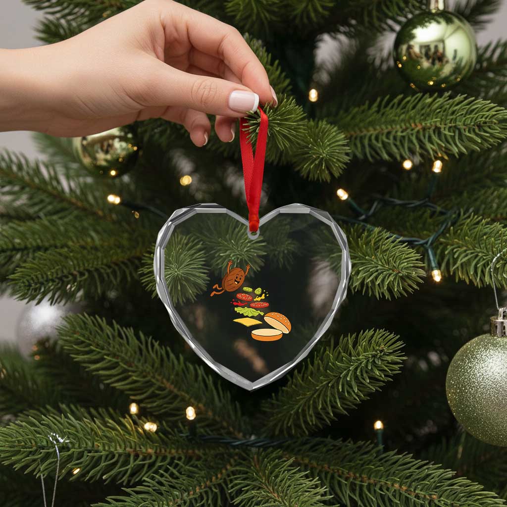 Funny Burger Ingredients Flying Into Bun Heart Crystal Glass Ornament Fast Food Lover Gift