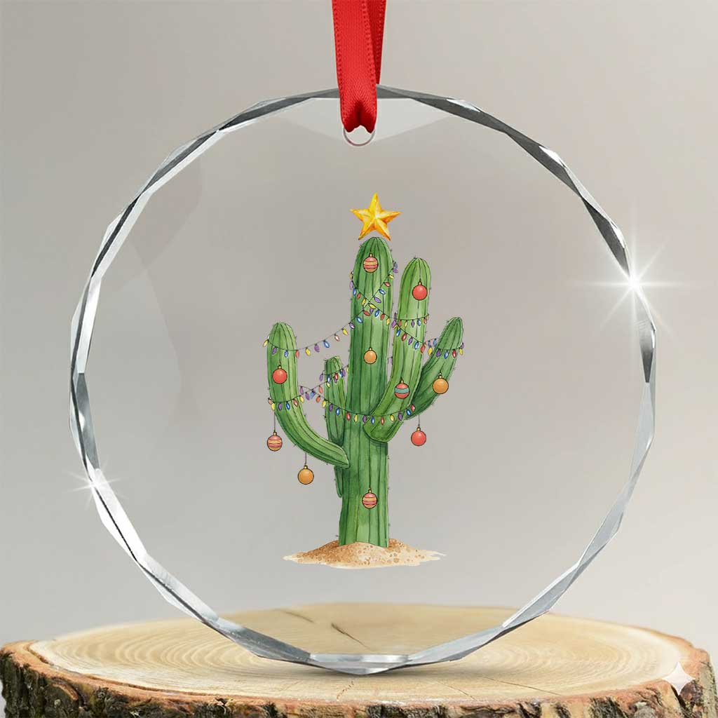 Funny Cactus Christmas Xmas Trees Lights Santa Hat Cactus Lovers Crystal Glass Ornament - Wonder Print Shop