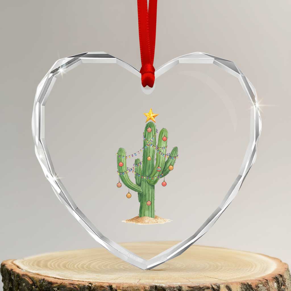 Funny Cactus Christmas Xmas Trees Lights Santa Hat Cactus Lovers Heart Crystal Glass Ornament - Wonder Print Shop
