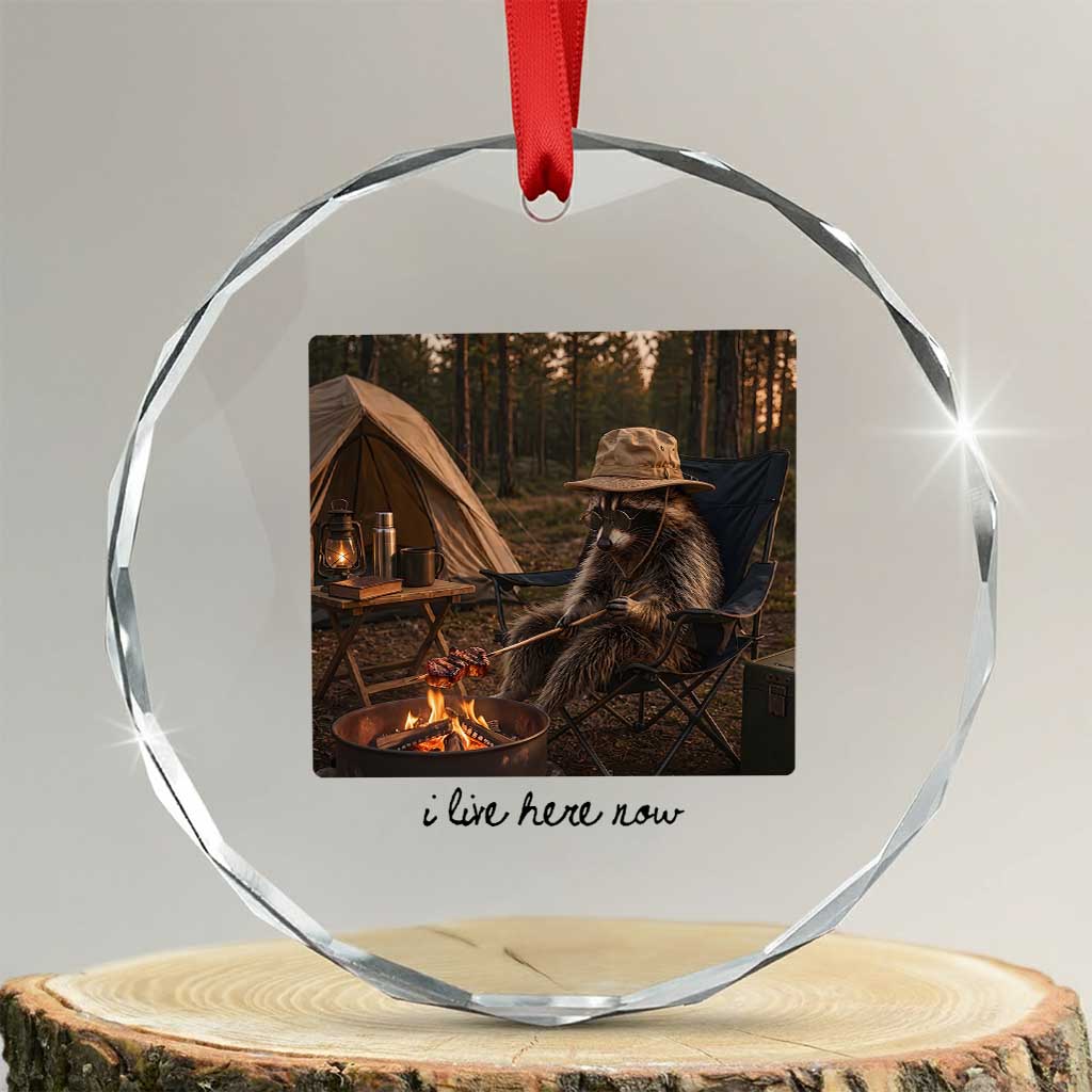 Funny Camping Raccoon Crystal Glass Ornament I Live Here Now Outdoor Lover