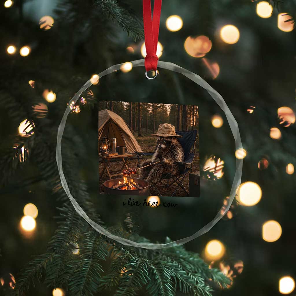 Funny Camping Raccoon Crystal Glass Ornament I Live Here Now Outdoor Lover