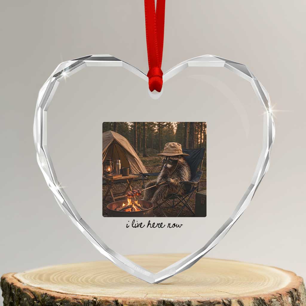 Funny Camping Raccoon Heart Crystal Glass Ornament I Live Here Now Outdoor Lover
