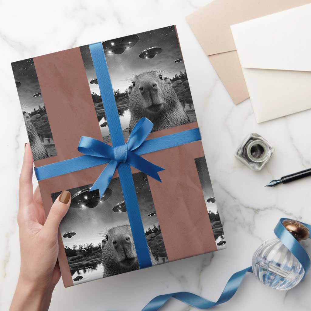 Funny Capybara Wrapping Paper Roll Selfie With UFOs Capy Meme Graphic