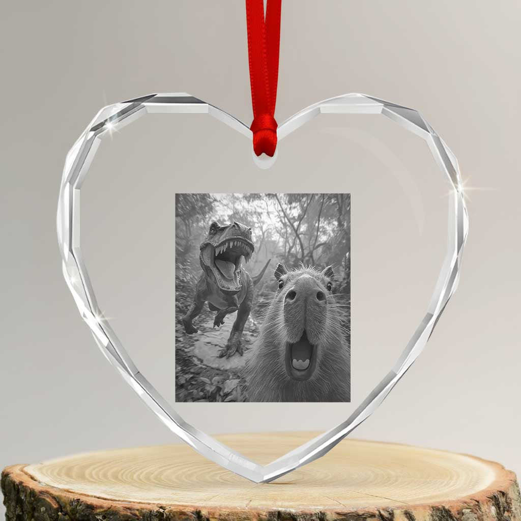 Funny Capybara Selfie With Dinosaur Meme Heart Crystal Glass Ornament Animal Humor Gift - Wonder Print Shop