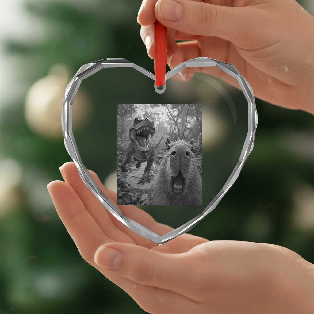 Funny Capybara Selfie With Dinosaur Meme Heart Crystal Glass Ornament Animal Humor Gift - Wonder Print Shop