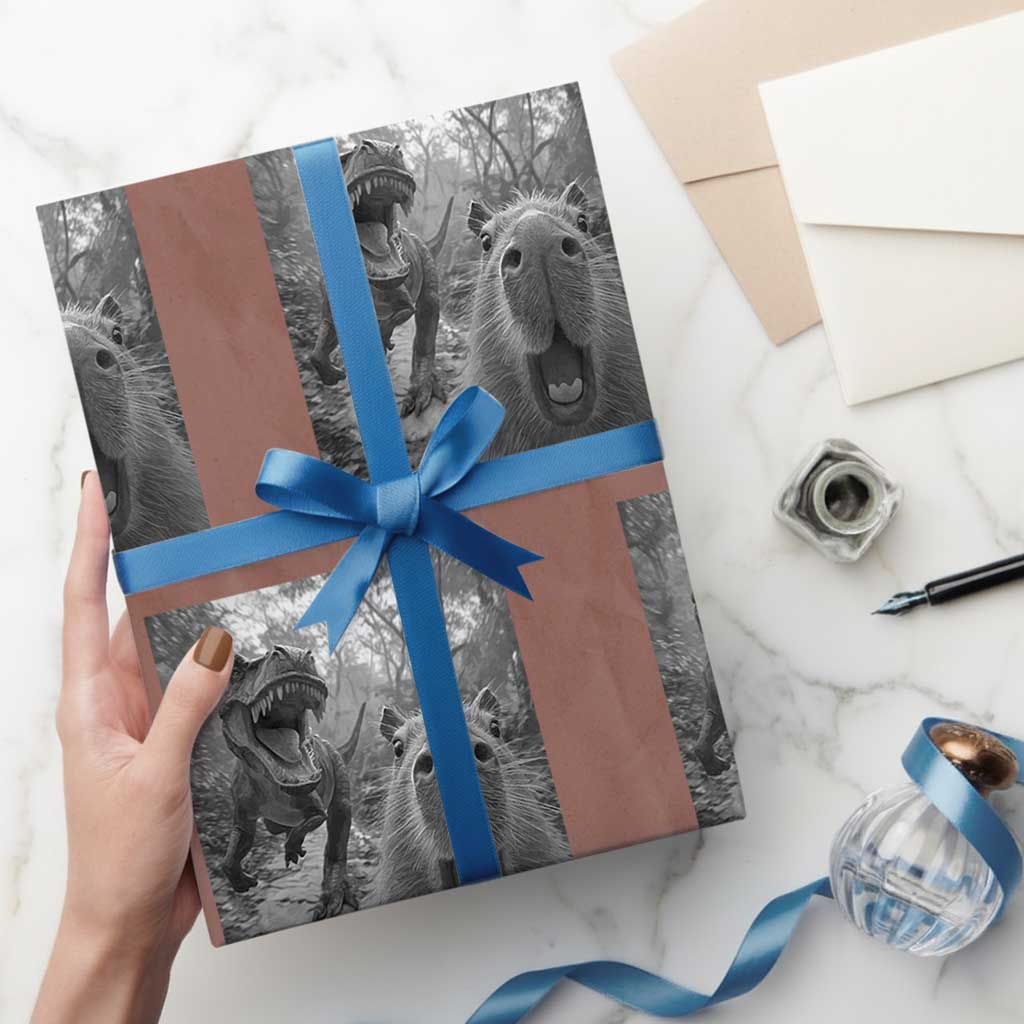 Funny Capybara Selfie With Dinosaur Meme Wrapping Paper Roll Animal Humor Gift - Wonder Print Shop
