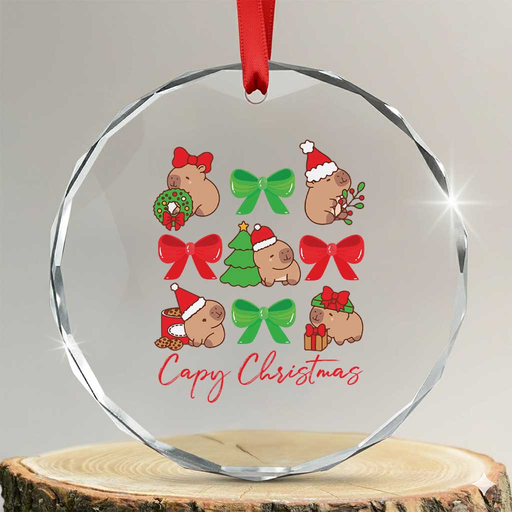 Funny Capybara Xmas Crystal Glass Ornament Cute Capy Coquette Bow TS09