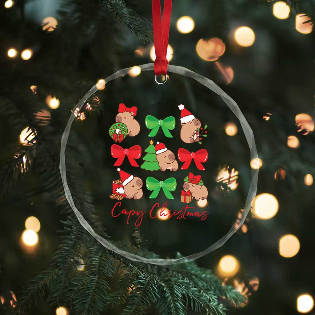 Funny Capybara Xmas Crystal Glass Ornament Cute Capy Coquette Bow TS09
