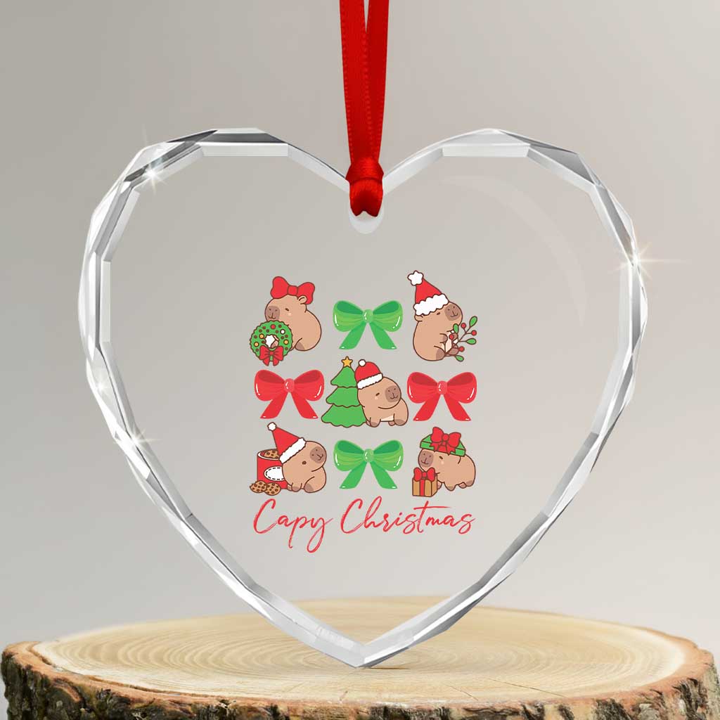 Funny Capybara Xmas Heart Crystal Glass Ornament Cute Capy Coquette Bow - Wonder Print Shop