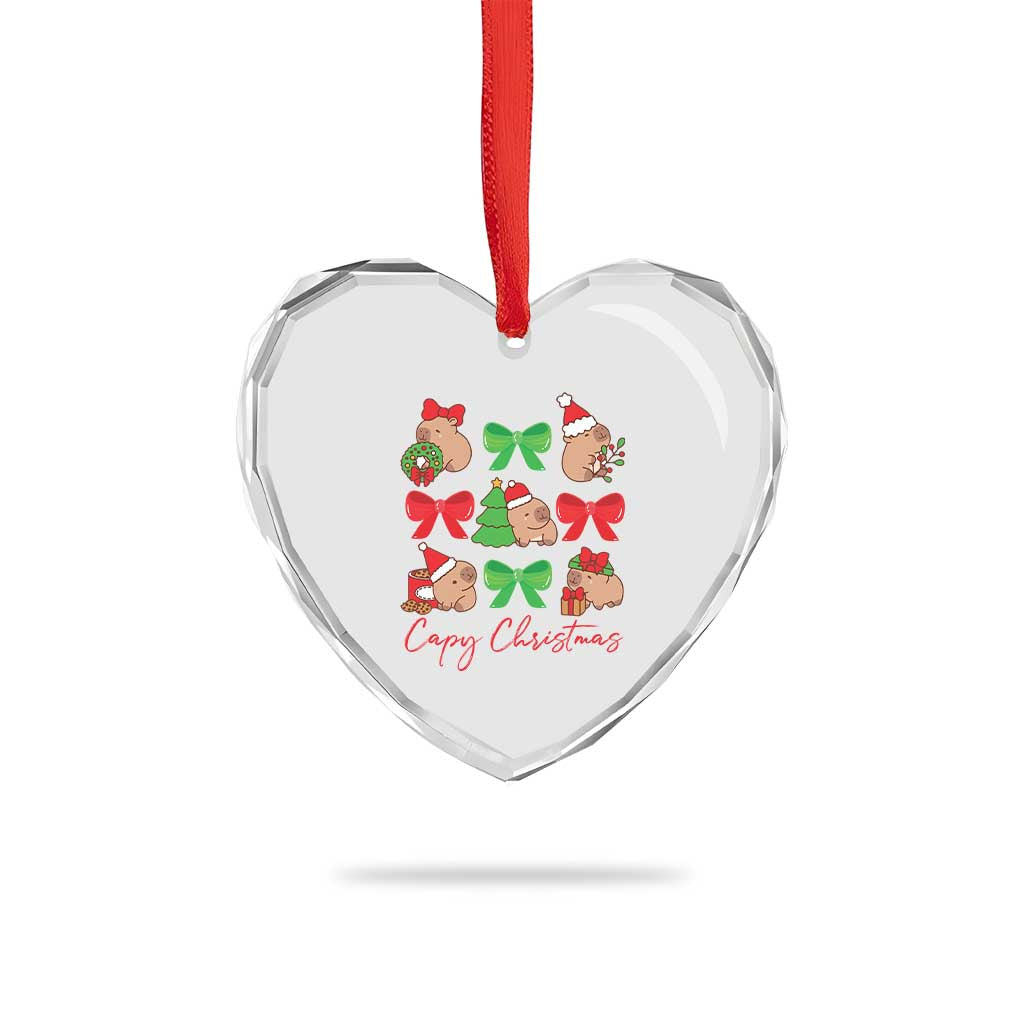 Funny Capybara Xmas Heart Crystal Glass Ornament Cute Capy Coquette Bow - Wonder Print Shop