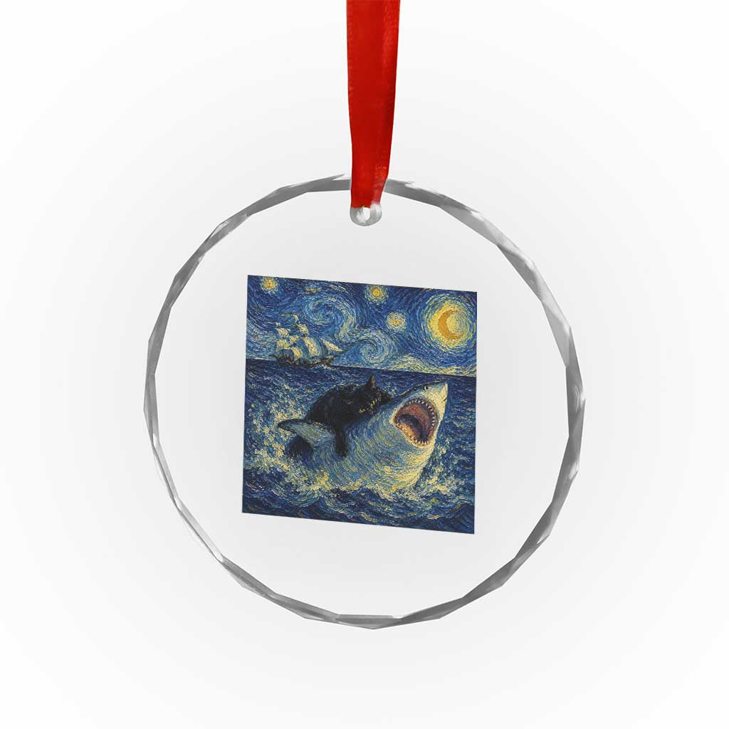 Funny Cat Biting Shark Starry Night Inspired Art Crystal Glass Ornament
