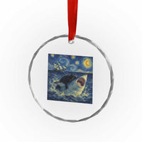 Funny Cat Biting Shark Starry Night Inspired Art Crystal Glass Ornament