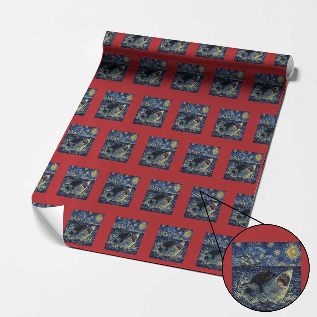 Funny Cat Biting Shark Starry Night Inspired Art Wrapping Paper Roll