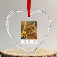 Funny Cat Bonjour Heart Crystal Glass Ornament Paris France Eiffel Tower Orange Cat Meme - Wonder Print Shop