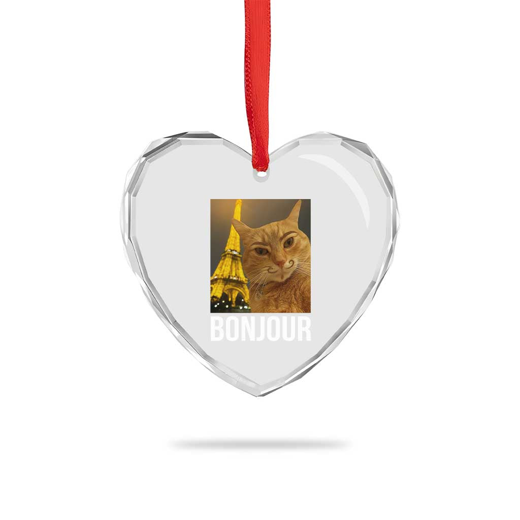 Funny Cat Bonjour Heart Crystal Glass Ornament Paris France Eiffel Tower Orange Cat Meme - Wonder Print Shop