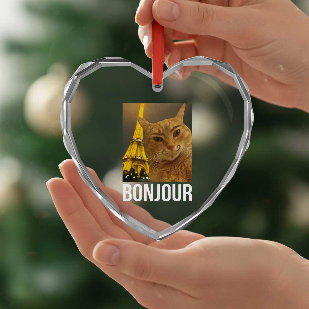 Funny Cat Bonjour Heart Crystal Glass Ornament Paris France Eiffel Tower Orange Cat Meme - Wonder Print Shop