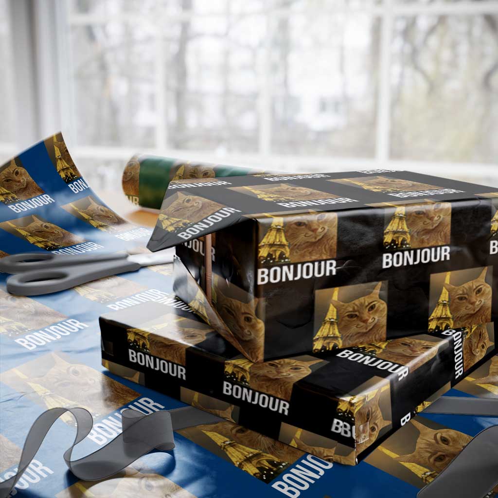 Funny Cat Bonjour Wrapping Paper Roll Paris France Eiffel Tower Orange Cat Meme - Wonder Print Shop