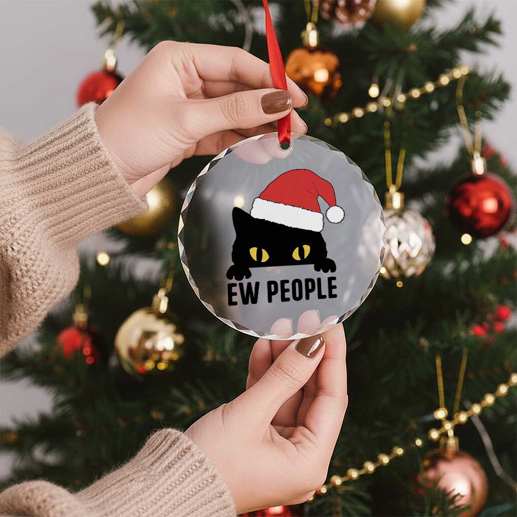 Funny Cat Christmas Crystal Glass Ornament Ew People Anti Social Grumpy Cat Xmas - Wonder Print Shop