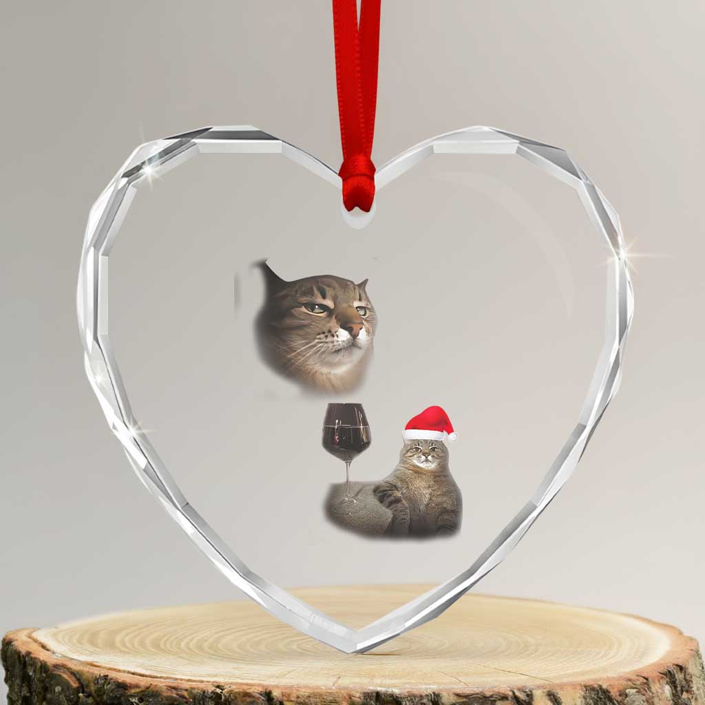 Funny Cat Christmas Heart Crystal Glass Ornament Cats Drinking Wine Oddly Specific Meme - Wonder Print Shop