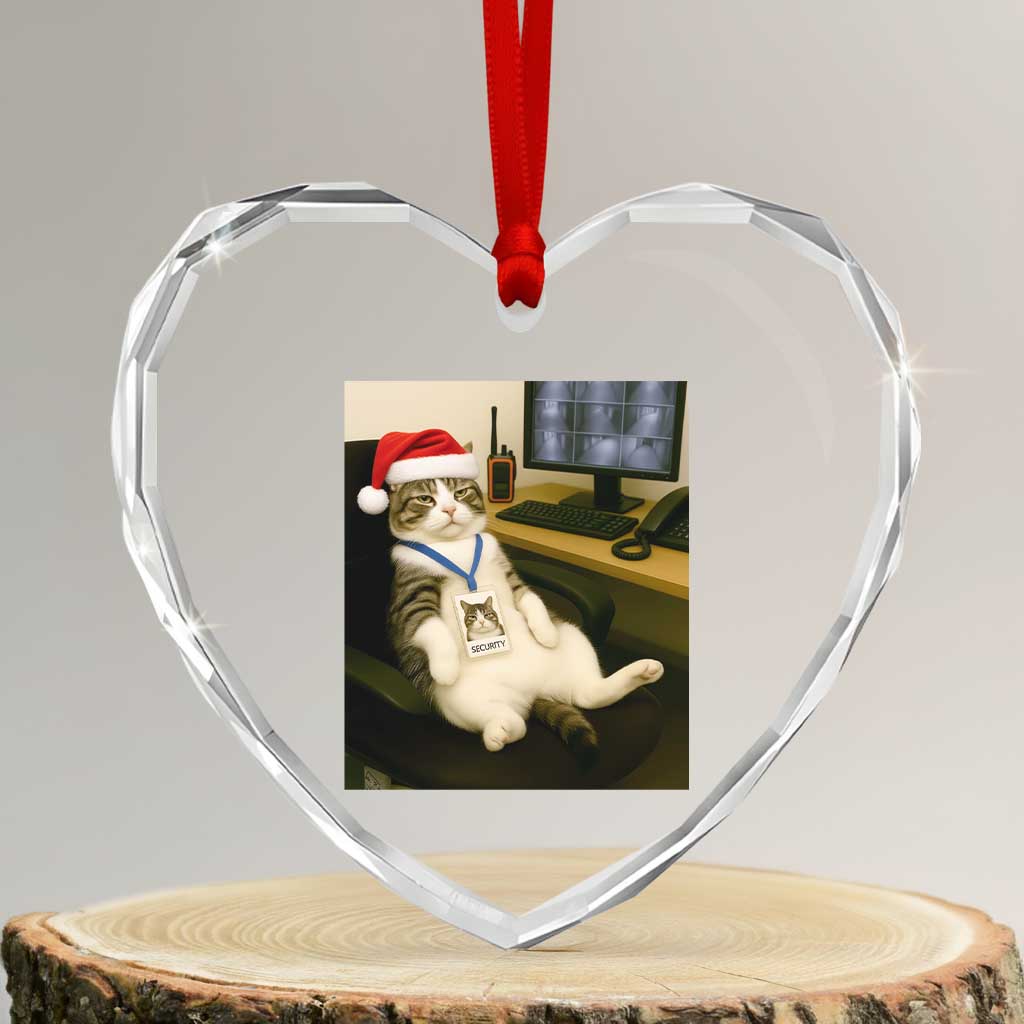 Funny Cat Christmas Heart Crystal Glass Ornament Night Time Security Guard - Wonder Print Shop