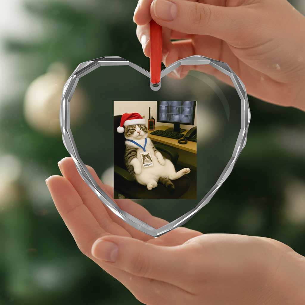 Funny Cat Christmas Heart Crystal Glass Ornament Night Time Security Guard - Wonder Print Shop