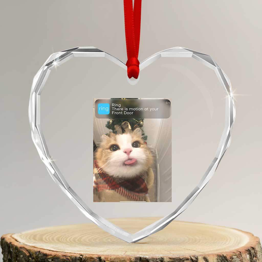 Funny Cat Christmas Heart Crystal Glass Ornament Ring There is Motion at Your Front Door Meme Xmas Tree - Wonder Print Shop