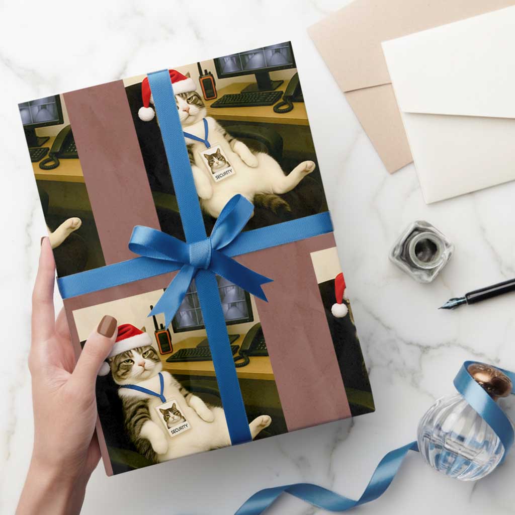 Funny Cat Christmas Wrapping Paper Roll Night Time Security Guard - Wonder Print Shop