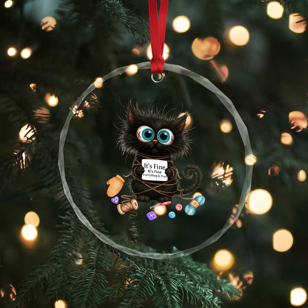 Funny Cat Crochet Lover Crystal Glass Ornament Its Fine I am Fine Everything Is Fine TS12