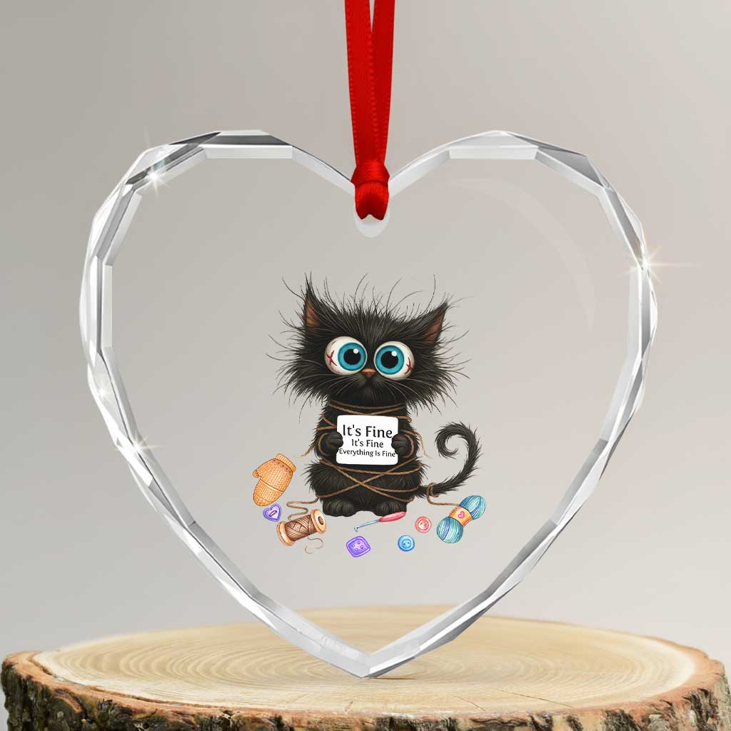 Funny Cat Crochet Lover Heart Crystal Glass Ornament Its Fine I am Fine Everything Is Fine - Wonder Print Shop