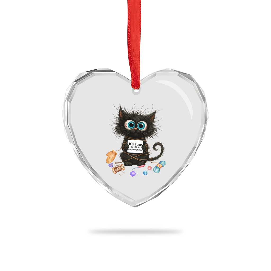 Funny Cat Crochet Lover Heart Crystal Glass Ornament Its Fine I am Fine Everything Is Fine - Wonder Print Shop