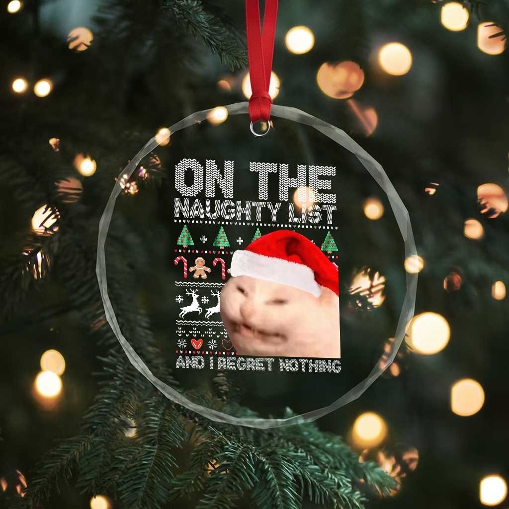 Funny Cat Crystal Glass Ornament On The Naughty List And I Regret Nothing Meme Ugly Xmas TS10