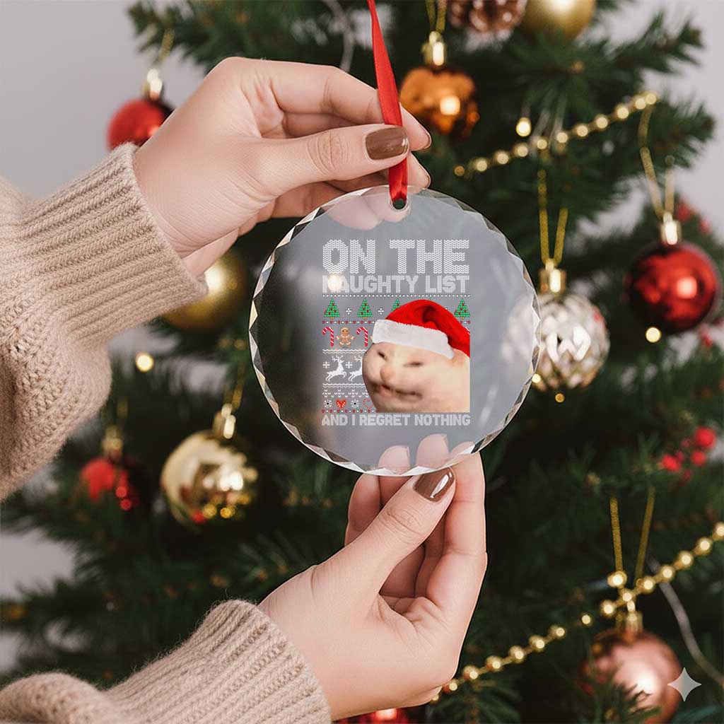 Funny Cat Crystal Glass Ornament On The Naughty List And I Regret Nothing Meme Ugly Xmas TS10