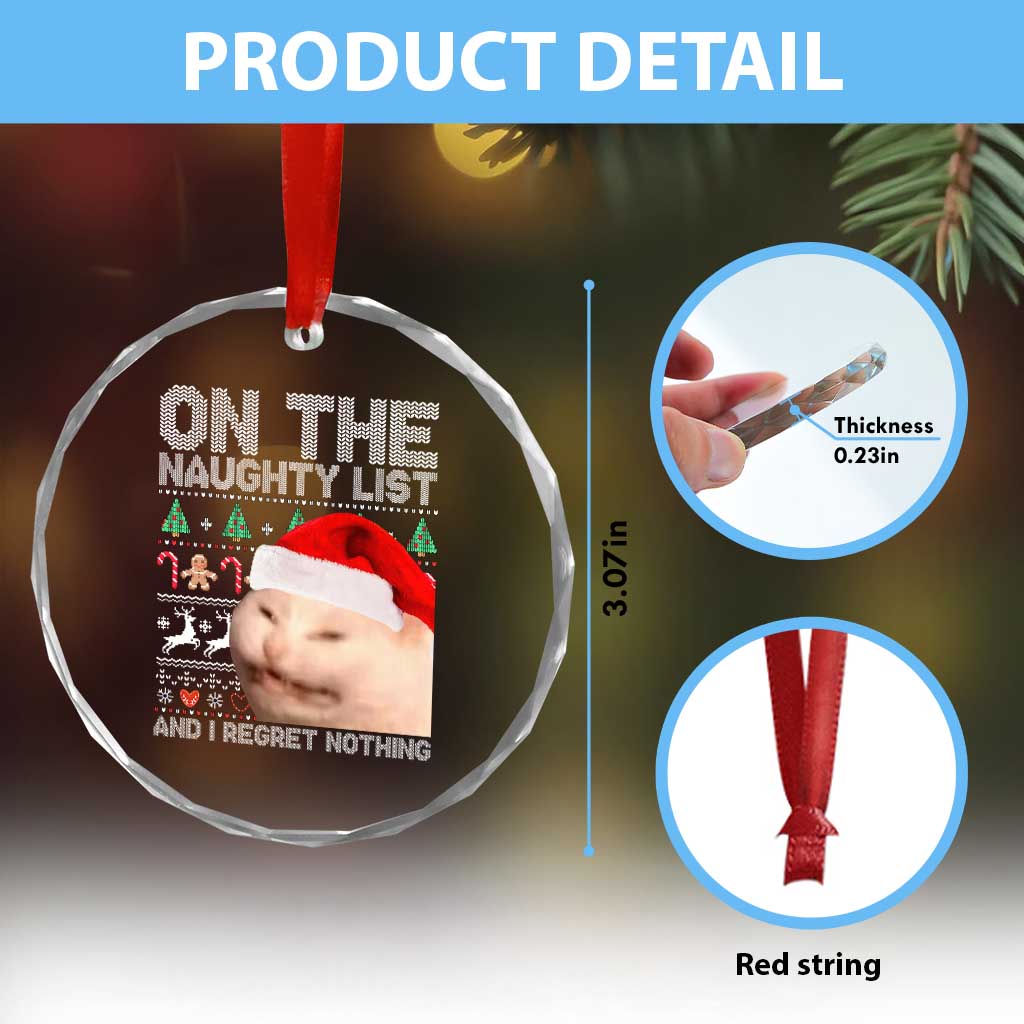 Funny Cat Crystal Glass Ornament On The Naughty List And I Regret Nothing Meme Ugly Xmas TS10