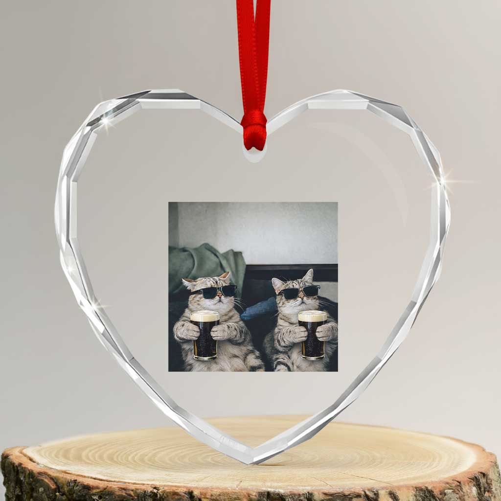 Funny Cat Drinking Irish Stout Beer Heart Crystal Glass Ornament Black Beer and Cat Lovers