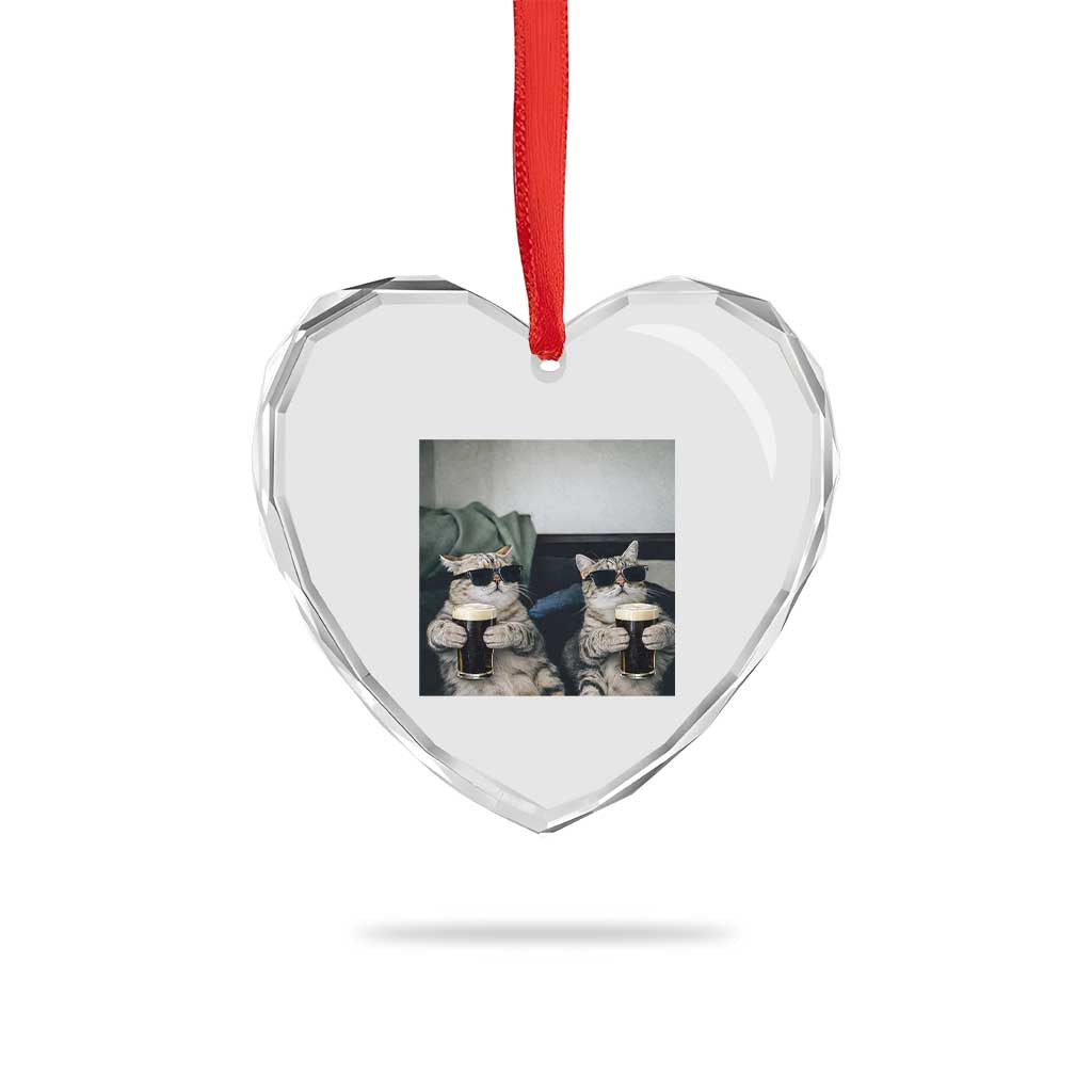 Funny Cat Drinking Irish Stout Beer Heart Crystal Glass Ornament Black Beer and Cat Lovers