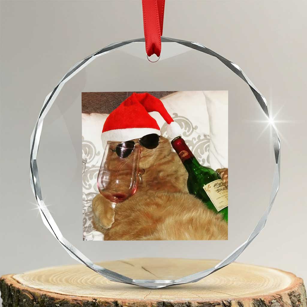 Funny Cat Drinking Wine Christmas Crystal Glass Ornament - Wonder Print Shop