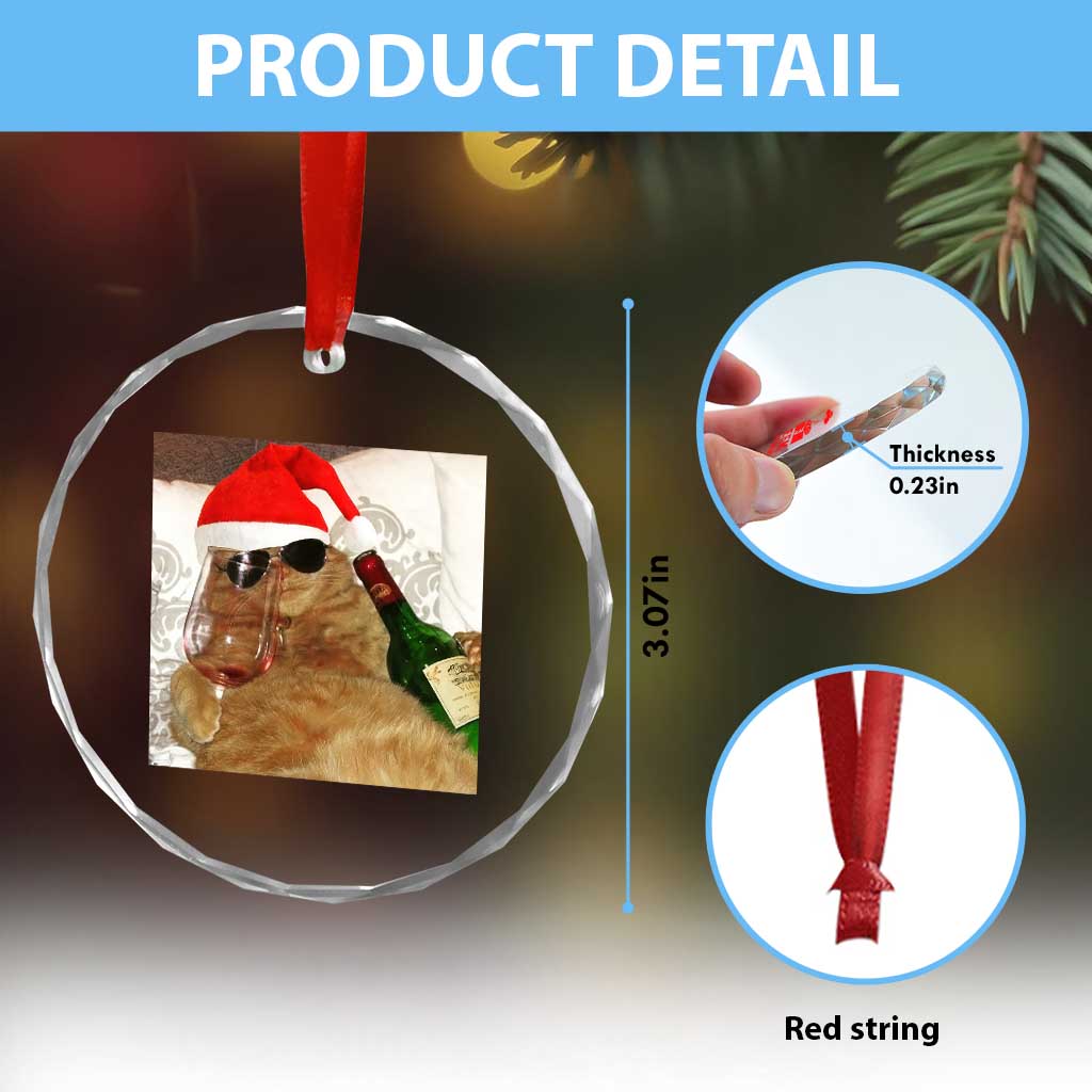 Funny Cat Drinking Wine Christmas Crystal Glass Ornament - Wonder Print Shop