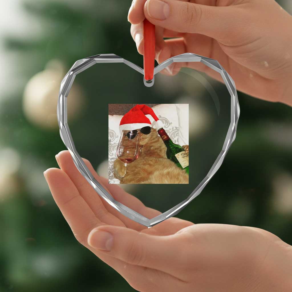 Funny Cat Drinking Wine Christmas Heart Crystal Glass Ornament - Wonder Print Shop