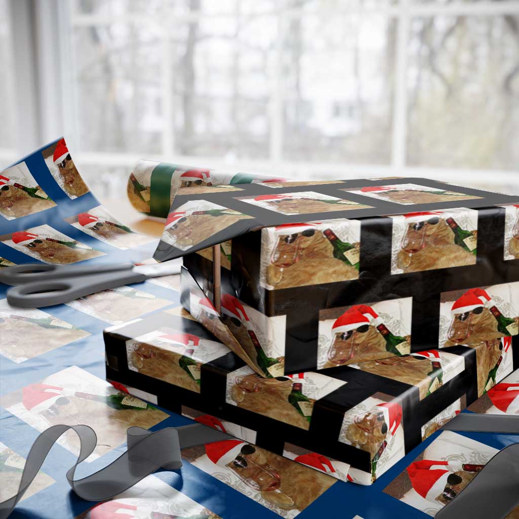 Funny Cat Drinking Wine Xmas Wrapping Paper Roll - Wonder Print Shop