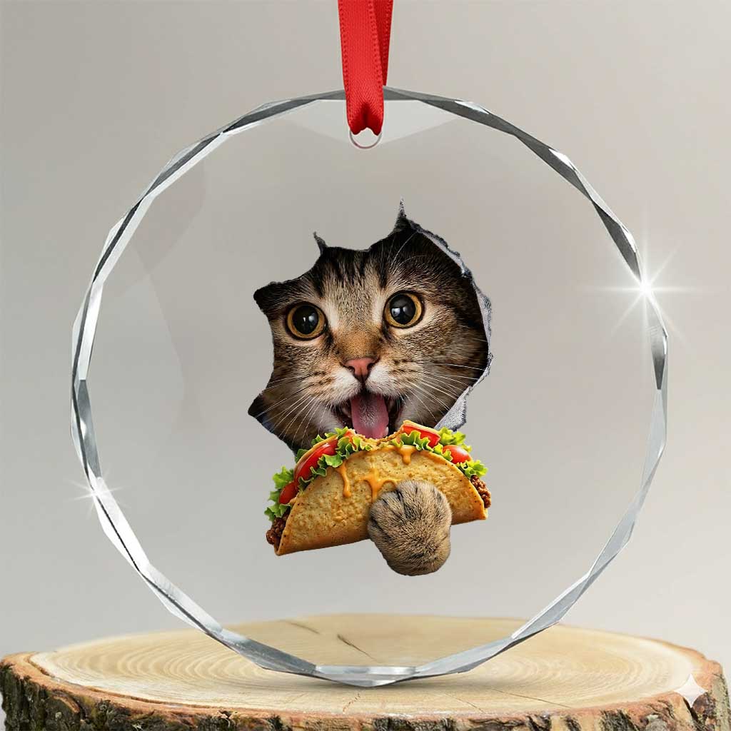 Funny Cat Eating Taco Crystal Glass Ornament Mexican Food Lover Gift